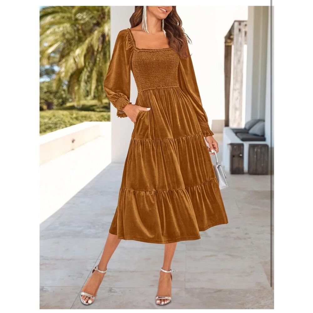NWT SZ Med Smocked Velvet Tiered Maxi Dress in Mustard - Picture 2 of 5